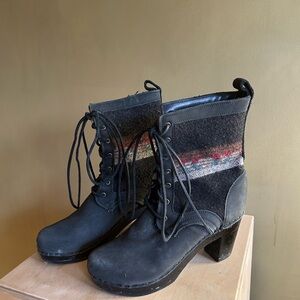 No. 6 Black Lace-Up Wool Panel Block Heel Boots , Size 38